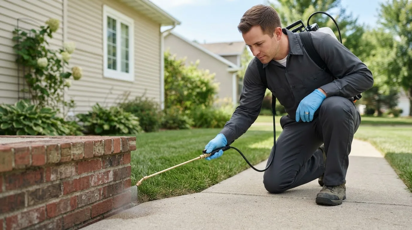 Pest control technician treating a home near Mansfield, GA